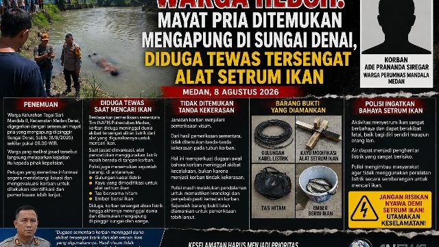 Warga heboh! Mayat pria ditemukan mengapung di Sungai Denai, diduga tewas tersengat alat setrum ikan
