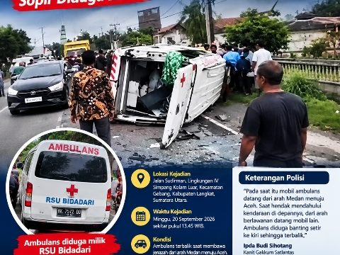 Ambulans Bawa Jenazah Terbalik di Langkat, Sopir Diduga Luka